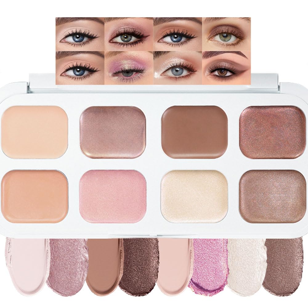 Kaely 8 Colors Cream Eyeshadow Contour Highlighter Palette Makeup, Nude Rose Pink Chocolate Coffee Beige Brown Matte Shimmer Glitter Highly Pigmented Eye Shadow Palette for Older Women Waterproof