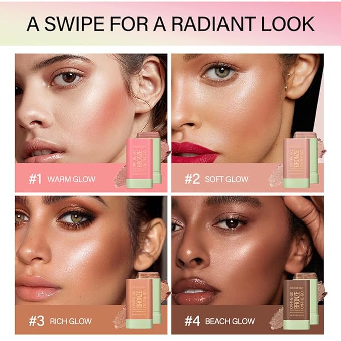 UNYOKE Soft Creamy Highlighter Blush Stick,Smooth Shimmer Bronzer Stick,Long Lasting Waterproof Blush Illuminator Luminizer,Blendable Natural Glow Makeup Cream Blush Highlight 0.6 Oz（02# Soft Glow）