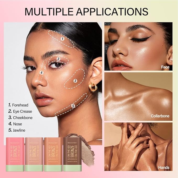 UNYOKE Soft Creamy Highlighter Blush Stick,Smooth Shimmer Bronzer Stick,Long Lasting Waterproof Blush Illuminator Luminizer,Blendable Natural Glow Makeup Cream Blush Highlight 0.6 Oz（04# Beach Glow）