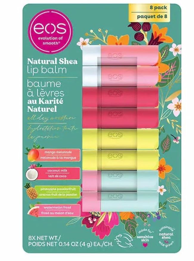 Eos Natural Shea Lip Balm Stick, 8-pack, 2 Mango Melonade, 2 Coconut Milk, 2 Pineapple Passionfruit, 2 Watermelon Frosé