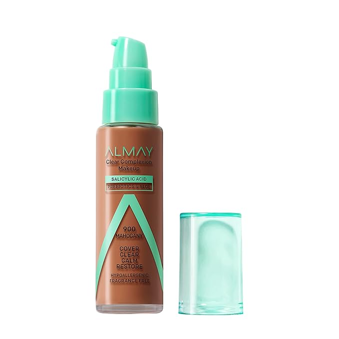 Almay Clear Complexion Acne Foundation Makeup with Salicylic Acid - Lightweight, Medium Coverage, Hypoallergenic, Fragrance-Free, for Sensitive Skin, 900 Mahogany, 1 fl oz.