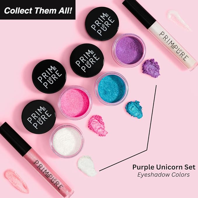 Prim and Pure Mineral Gift Set with Unicorn Mirror| Perfect for Play Dates & Birthday Parties | Kids Eyeshadow Makeup – Mineral Blush | Organic & Natural Makeup Kit for Kids| Made in USA (Purple)