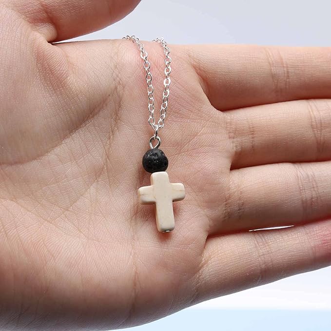 Boho Cross Pendant Necklace Black Lava Bead Choker Necklace Silver Chain Necklace Minimalist Everyday Necklace Jewelry for Women and Girls
