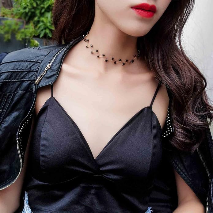 Black Crystal Choker Necklace Short Black Beaded Choker Necklace Silver Chain Necklace Minimalist Necklace Jewelry for Women and Girls