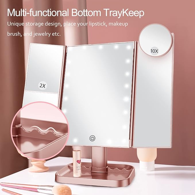 HUONUL Makeup Mirror, 10X 3X 2X Magnification, Lighted Makeup Mirror, Touch Control, Dual Power Supply, Portable LED Mirror, Women Gift (Rose Gold)