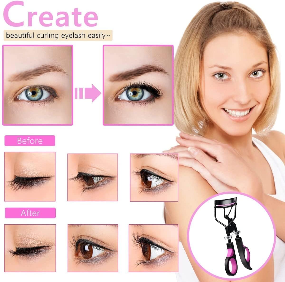 Eyelash Curler with Comb, qiipii Professional Lash Curlers metal Eyelashes Comb Seperator Eyelash Mascara Applicator Tool Kit for Women with 10 Replacement Silicone Refills Pads for Home & Travel Uses