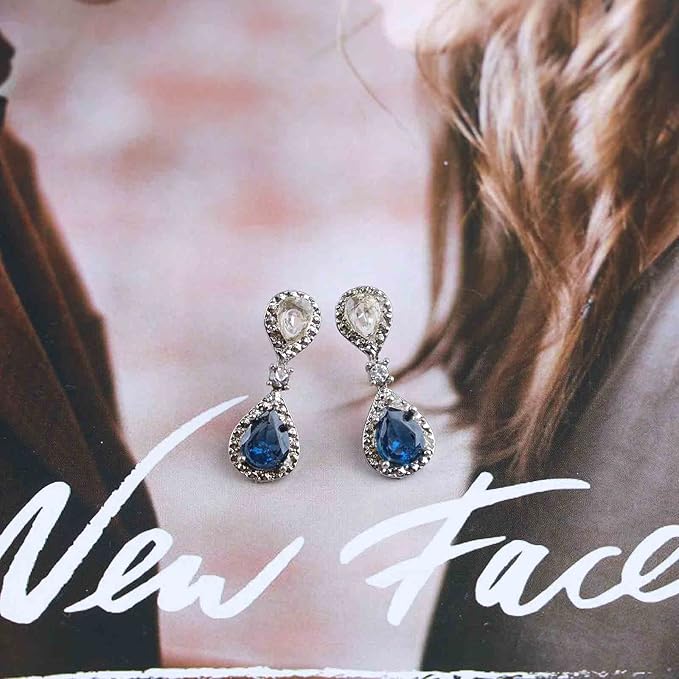 Vintage Sapphire Drop Earrings Oval Sapphire Crystal Earrings Silver Teardrop Rhinestone Stud Earrings Blue Crystal Wedding Earrings Jewelry for Women and Girls Gifts
