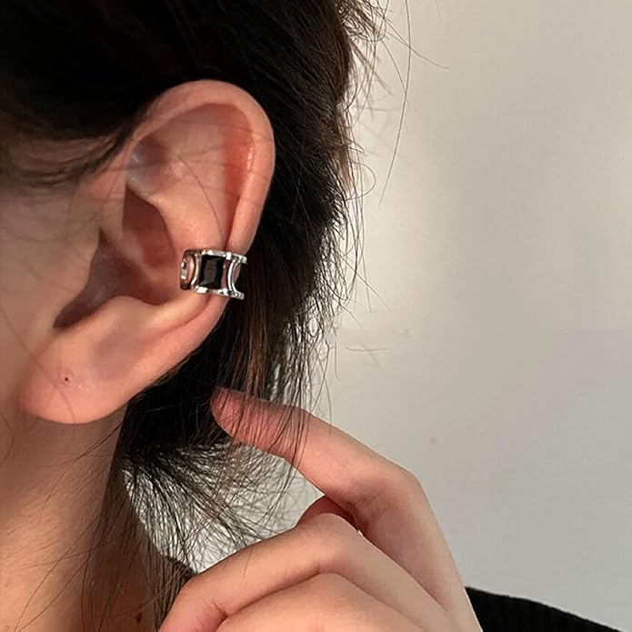 Vintage Crystal Ear Cuff Earrings Black Onyx Cuff Earrings Rhinestone Cartilage Earrings Silver Open Cuff Wrap Earrings Jewelry for Women