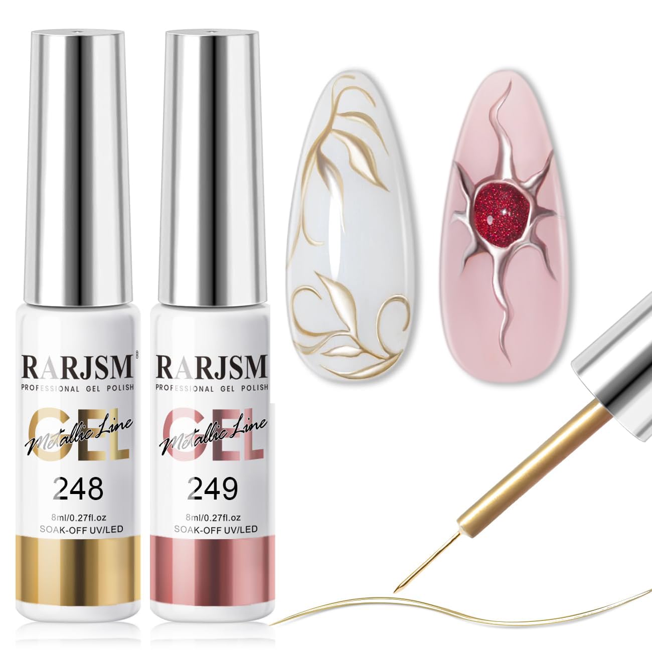 RARJSM Metallic Chrome Gel Liner Nail Art 3D Mirror Bronze Gold Rose Gold Effect Gel Nail Polish 8ml Painting Build in Thin Brush Metal Painted Drawing Striper GelPolish Curing Requires Home Salon