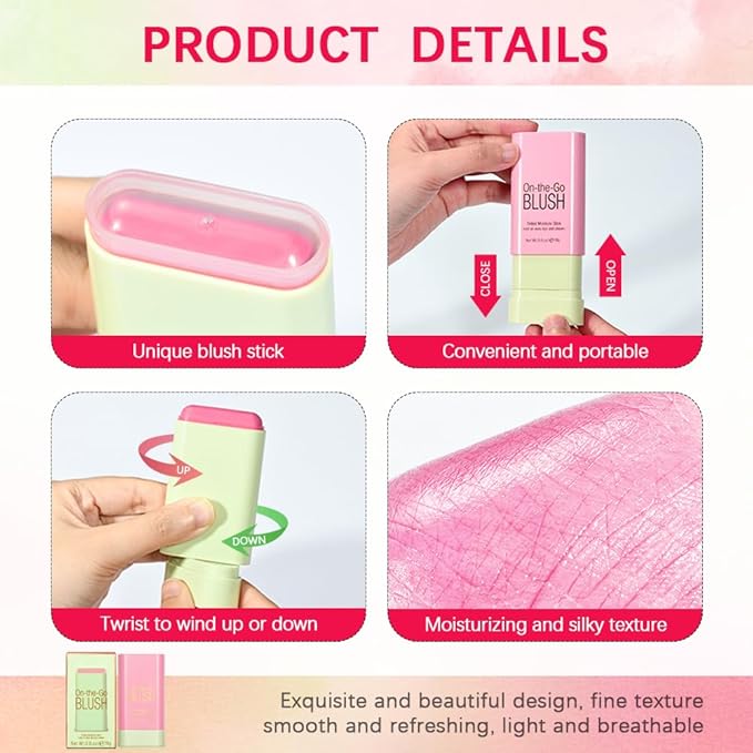 Soft Creamy Blush Stick,On-the-Go Blush,2-in-1 Cheek and Lip Tint,Waterproof Hydrating Solid Natural Moisture Smooth Blendable Matte Finish Face Blush Makeup,01 shy pink