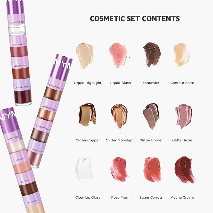 3 Pcs Cosmetic Sets 12 colors 4-Function cosmetic stick +Nonstick Raincoat Lip Gloss（3 colors+Clear Lip Gloss）+Liquid Eyeshadow in Four Colors Sets Waterproof
