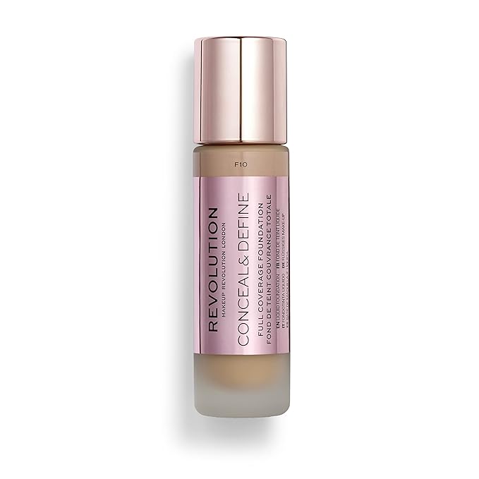 Makeup Revolution Conceal & Define Foundation, Cream Foundation Makeup, Full Coverage, For Medium Skin Tones, Vegan & Cruelty-Free, F10, 23ml