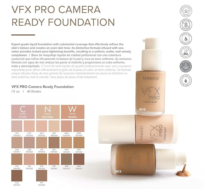 FARMASi Vfx Pro Foundation, Full Coverage Liquid Cream, Lightweight Long Lasting Coverage, Breathable Skin Moisturizer with Color True Matte Blending, Face Makeup, 1 fl. oz / 30 ml - Cool Light 01