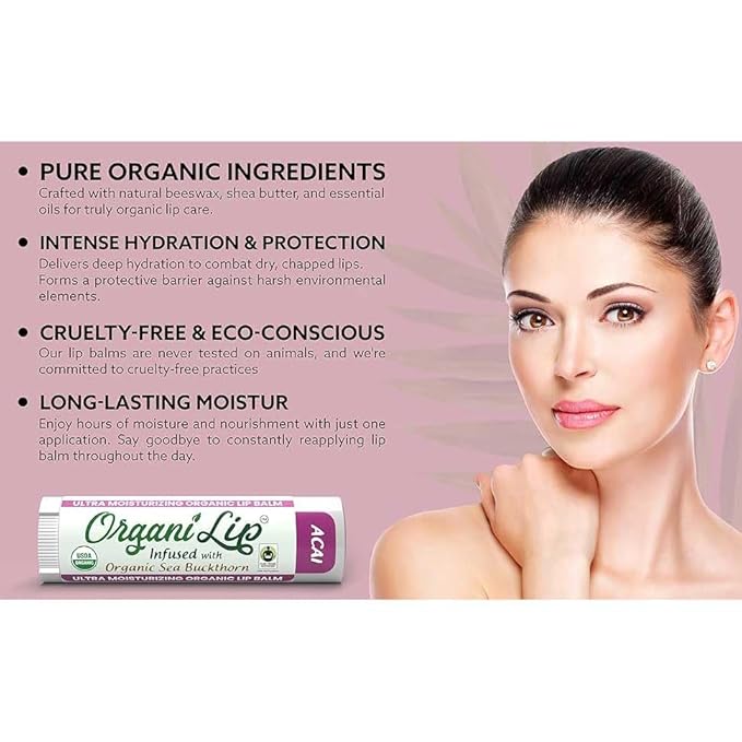 Organic Lip Balm, Acai Flavor, Ultra Hydrating Lip Moisturizer for Cracked or Dry Lips, Infused With Organic Sea Buckthorn, Oval Shaped Tube, USDA Certified Organic, 1 Pack