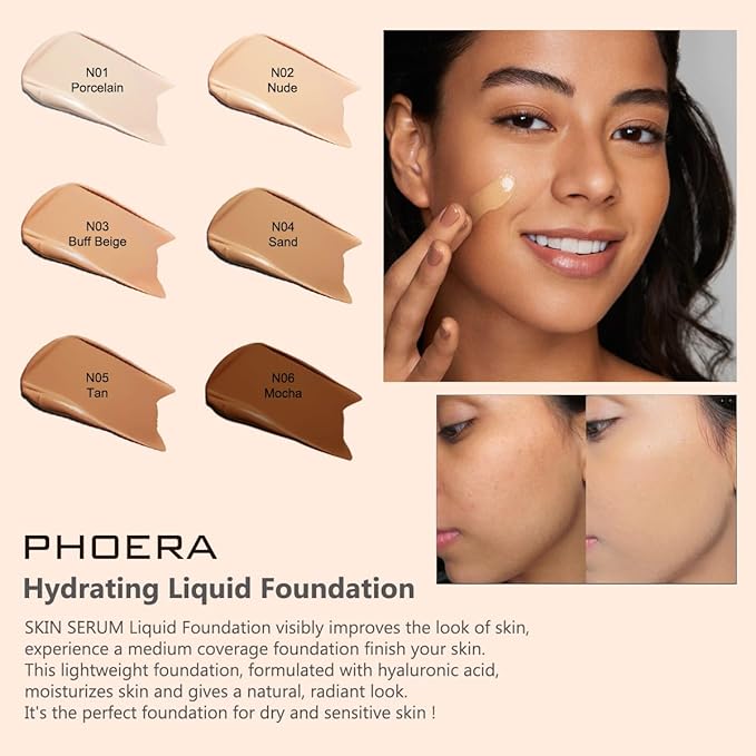 PHOERA Essence Foundation,Hydrating Waterproof and Light Long Lasting Hypoallergenic Full Coverage Foundation Serum. (N01 Porcelain)
