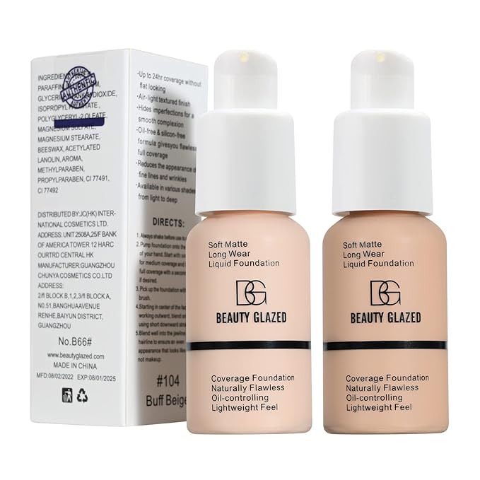 Beauty Glazed Soft Matte Silky Full Coverage Liquid Foundation, Multi-Use Buildable Foundation Lightweight Feel Oil Control Longwear Naturally Flawless Coverage Foundation (104 Buff Beige)