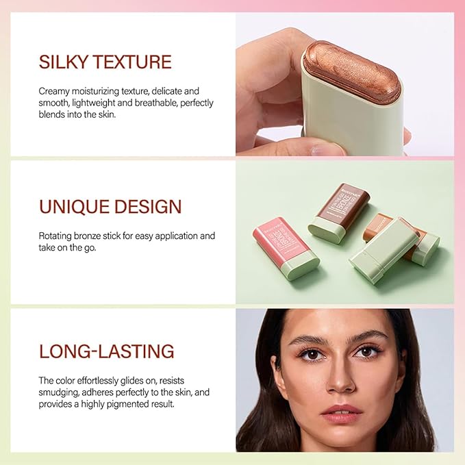 Multi-Use Makeup Blush Stick, Cream Blush Stick, Tinted Solid Moisturizer Stick for Cheek & Eyes & Lips, Waterproof Natural Nude Makeup, Suitable for All Skin (3#Rich Glow)