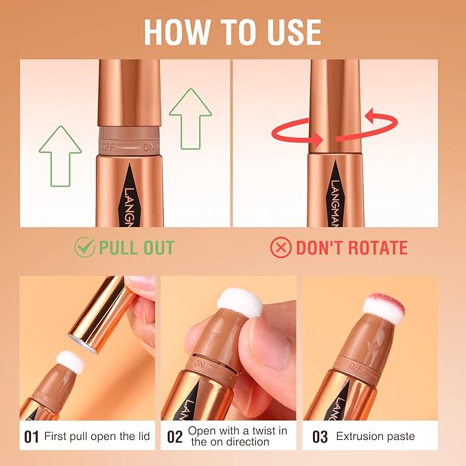 LANGMANNI Liquid Contour Beauty Wand, Face Concealer Contouring,Highlighter,Blusher Stick with Big Cushion Applicator.Cream Contour Stick For Finish Face Contour Makeup. (#02+#04+#06)