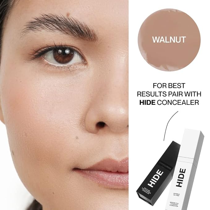 HIDE PREMIUM Liquid Foundation, Multi-Use Waterproof Foundation, Medium/Full Coverage Foundation, Shades for All Skin Types (See Shade Finder), Walnut, 1 fl oz