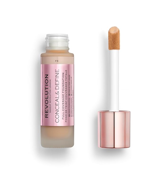 Revolution Beauty, Conceal & Define Foundation, Full Coverage, Long-Lasting Matte Finish, Vegan & Cruelty Free, F8 Light to Medium Skin Tones, 0.8 Fl.Oz.