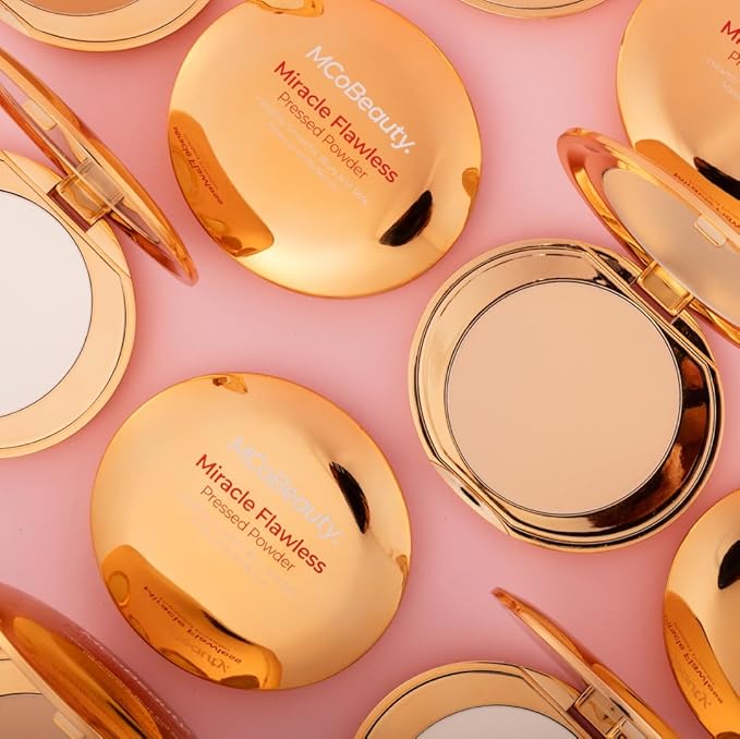 MCoBeauty Miracle Flawless Pressed Powder, Natural Medium Shade, Oil-Control, Soft-Focus Finish with Hydrating Rose Flower Extract & Sweet Almond Oil, Vegan, Cruelty Free Cosmetics