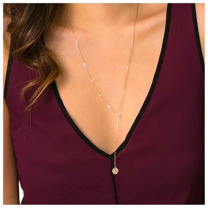 Boho Coin Disc Necklace Gold Long Y Lariat Necklace Disc Y Drop Necklace Trendy Minimalist Everyday Necklace Jewelry for Women and Girls