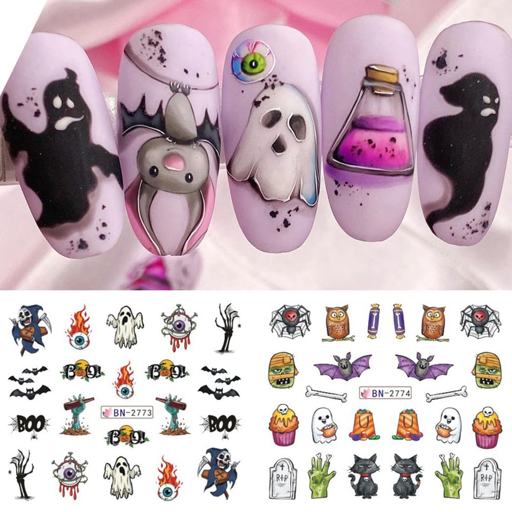 Halloween Nail Art Stickers - Spooky Ghost Pumpkin Water Transfer Foils Decals - Cartoon Witch Bat Spider Skeleton Designer Accessories for Nail Art - 12 Sheets