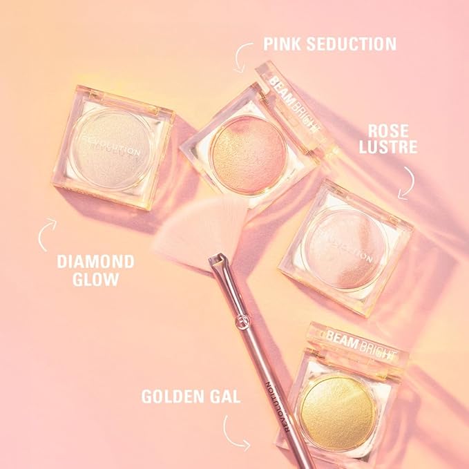 Makeup Revolution Beam Bright Highlighter, All Over Face Glow, Powder To Liquid Formula, 5 Different Shades, Diamond Glow
