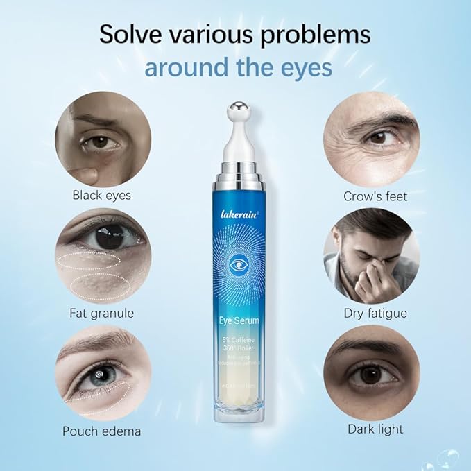 5% Caffeine Eye Serum Moisturizing, Under Eye Cream with 360° Massage Ball for Dark Circles and Puffiness, Hydrating Eye Cream Anti Aging for Bags Fine Lines (1PCS)