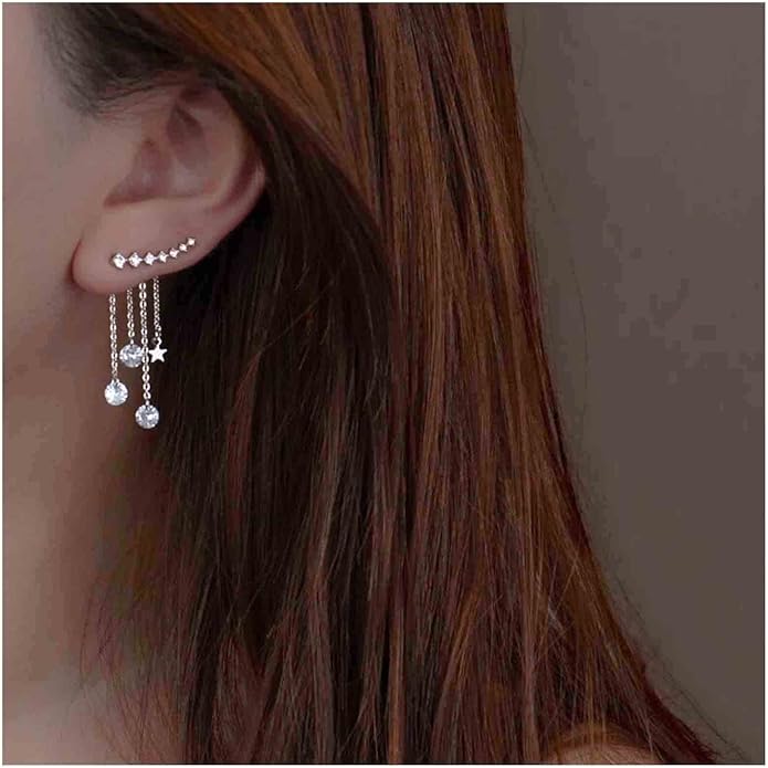 Boho Star Ear Jacket Earrings Gold Cz Star Ear Climber Earrings Crystal Chain Tassel Earrings Crystal Ear Crawler Long Chain Earrings Jewelry for Women and Girls Gifts