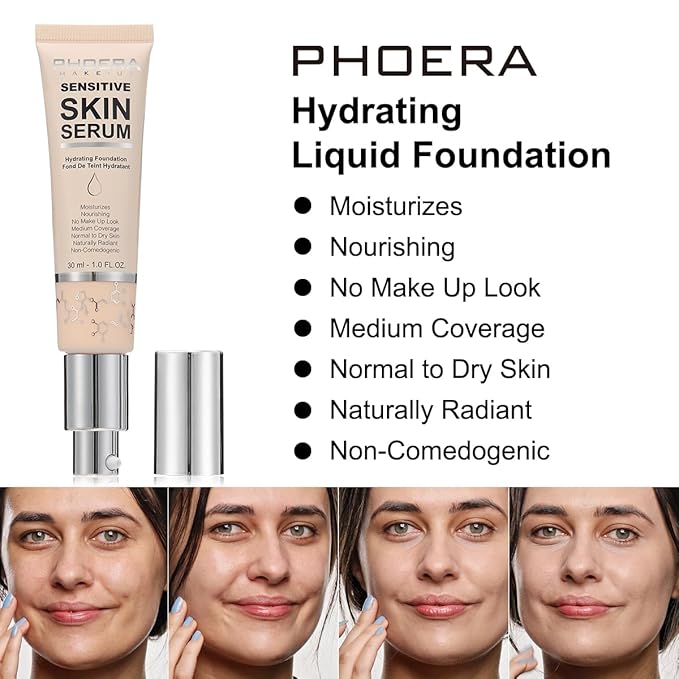 PHOERA Hydrating Essence Foundation,Waterproof and Light Long Lasting Hypoallergenic Full Coverage Hyaluronic Acid Foundation Makeup. (N03 Buff Beige)