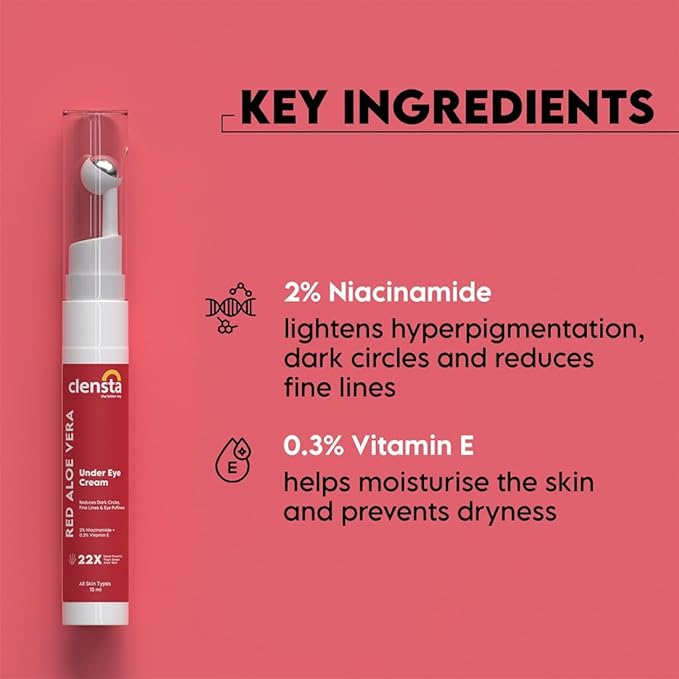 Clensta Aloe Vera Under Eye Cream Roll On | 0.51 Fl Oz (15ml) | Hydrating Eye Cream with Niacinamide | for Puffiness, Dark Circles & Wrinkles