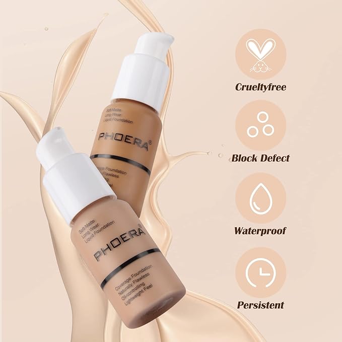 PHOERA Foundation Makeup Naturally Liquid Foundation Full Coverage Mattle Oil-Control Concealer 8 Colors Optional,Great Choice For Gift (#106 Warm Sun,30ml)