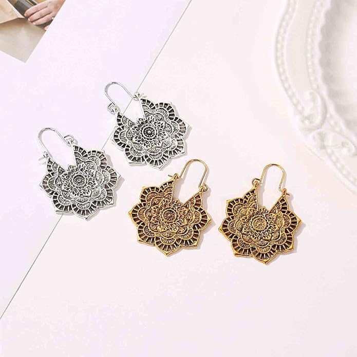 Boho Mandala Flower Earrings Gold Drop Dangle Earrings Tribal Earrings Vintage Ethnic Hoop Earrings Jewelry for Women and Girls