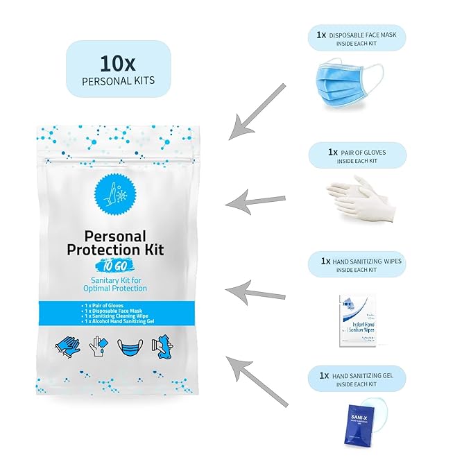 Personal Protection Kit TO GO, Mini 4 Item PPE Kit for travel and school | Includes 1 Each of Face Covering, Gloves, Cleansing Wipes & Hand Cleansing Gel | 10 - Pack (Green)