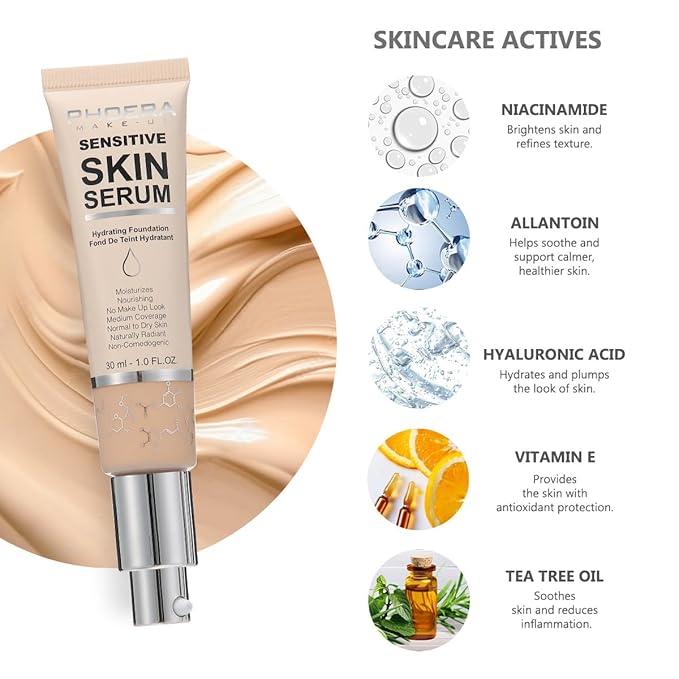 PHOERA Essence Foundation, Hypoallergenic Full Coverage Foundation Serum, Hydrating Light, Matte Oil Control.(N03 Buff Beige, norm)
