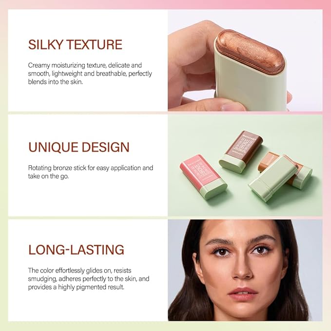 Cream Contour Stick,Multi-Use On The Go Bronzer Stick,Long-lasting Highlight Stick,Glow Bronzer Stick for Face,Lightweight and Blendable Contour Stick for Women (02# Soft Glow)