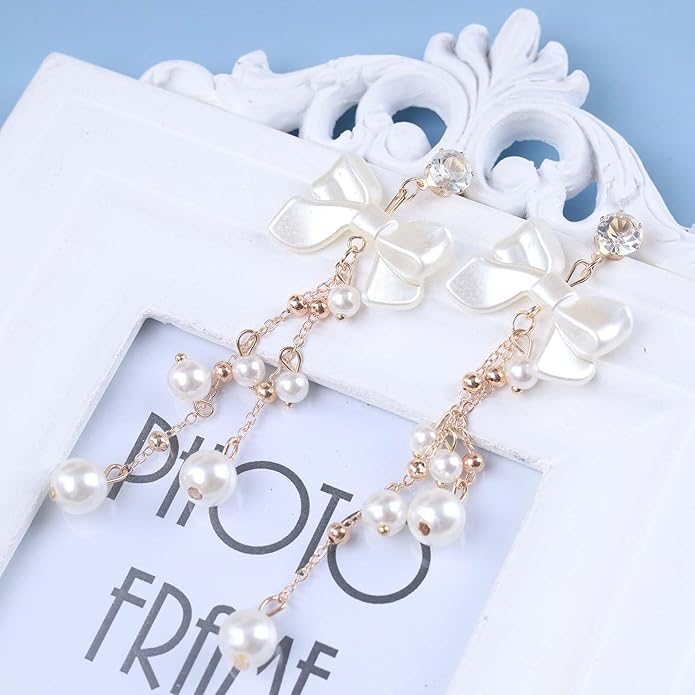 Vintage Crystal Pearl Drop Earrings Pearl Bow Dangle Earrings Long Pearl Tassel Chain Earrings Cz Bow Stud Earrings Jewelry for Women