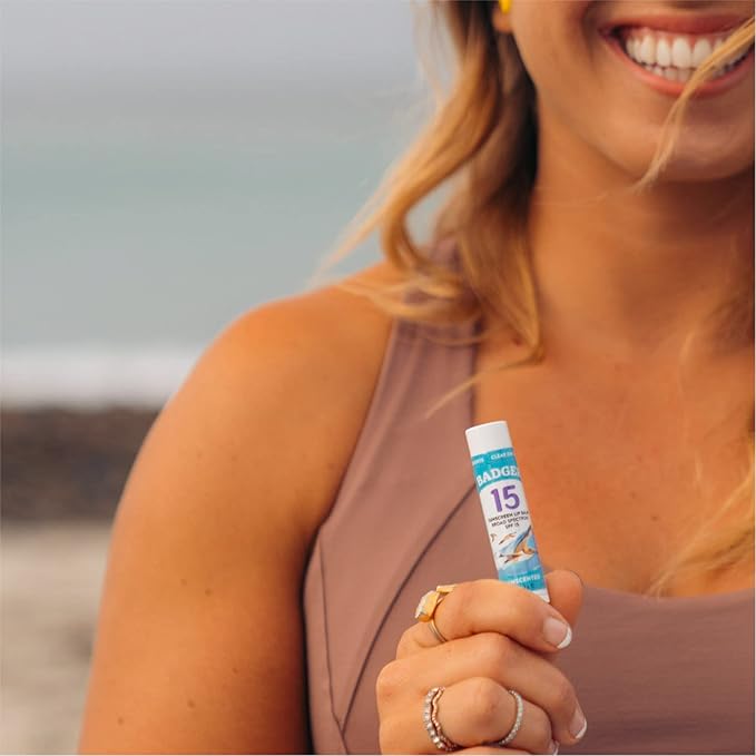 Badger Sunscreen Lip Balm SPF 15, Organic Mineral Sunscreen SPF Lip Balm with Zinc Oxide, Reef Friendly, Broad Spectrum, Water Resistant, Unscented, .15 oz (4 Pack)