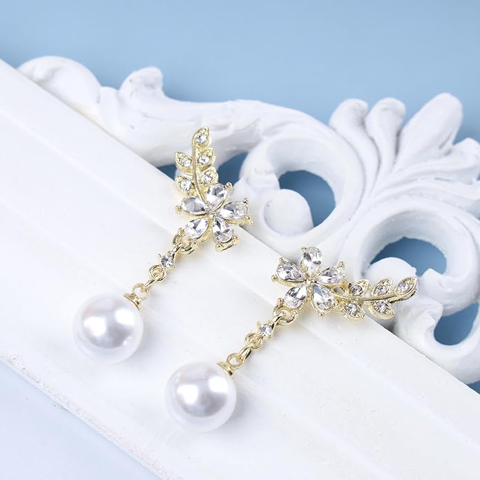Vintage Crystal Flower Ear Climber Earrings Rhinestone Pearl Dangle Earrings Gold Cz Chain Tassel Earrings Sparkly Pearl Drop Earrings Jewelry for Women
