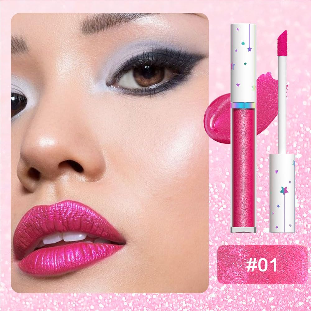 evpct 1Pcs Hot Pink Metallic Glitter Lip Gloss Stain lip color Lipstick for Women Long Lasting Waterproof 24, Rose Pink Frosted Metallic Shimmer Chrome iridescent Liquid Lipstick Lip Gloss Makeup, 01#