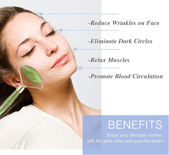Gua Sha & Jade Roller Facial Tools Face Roller and Gua Sha Set by Easy to Clean could Promote Blood Circulation Reduce Puffiness Suitable for Skin Care Routine Puffiness and Wrinkles