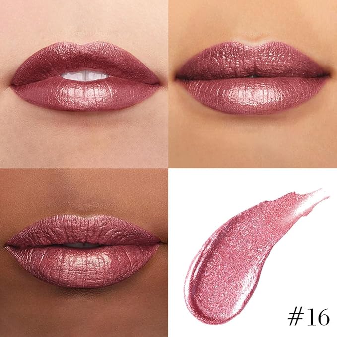 evpct Mauve Pink Metallic Glitter Lip Liner and Lipstick Combo Lip Gloss Stain Set Makeup for Women Long Lasting Waterproof 24, Dusty Rose Metallic Shimmer Frosted Iridescent Glossy Liquid Lipstick 16