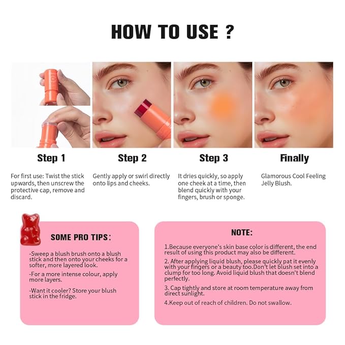 Multi-Use Cooling Water Jelly Blush/Lip Tint & Eye Shadow - Sheer Stain withBuildable Watercolor Finish - Long-Lasting Moisture - 1,000+ Swipes Per Stick - Jelly Texture for Lip & Cheek (Poppy Pink)