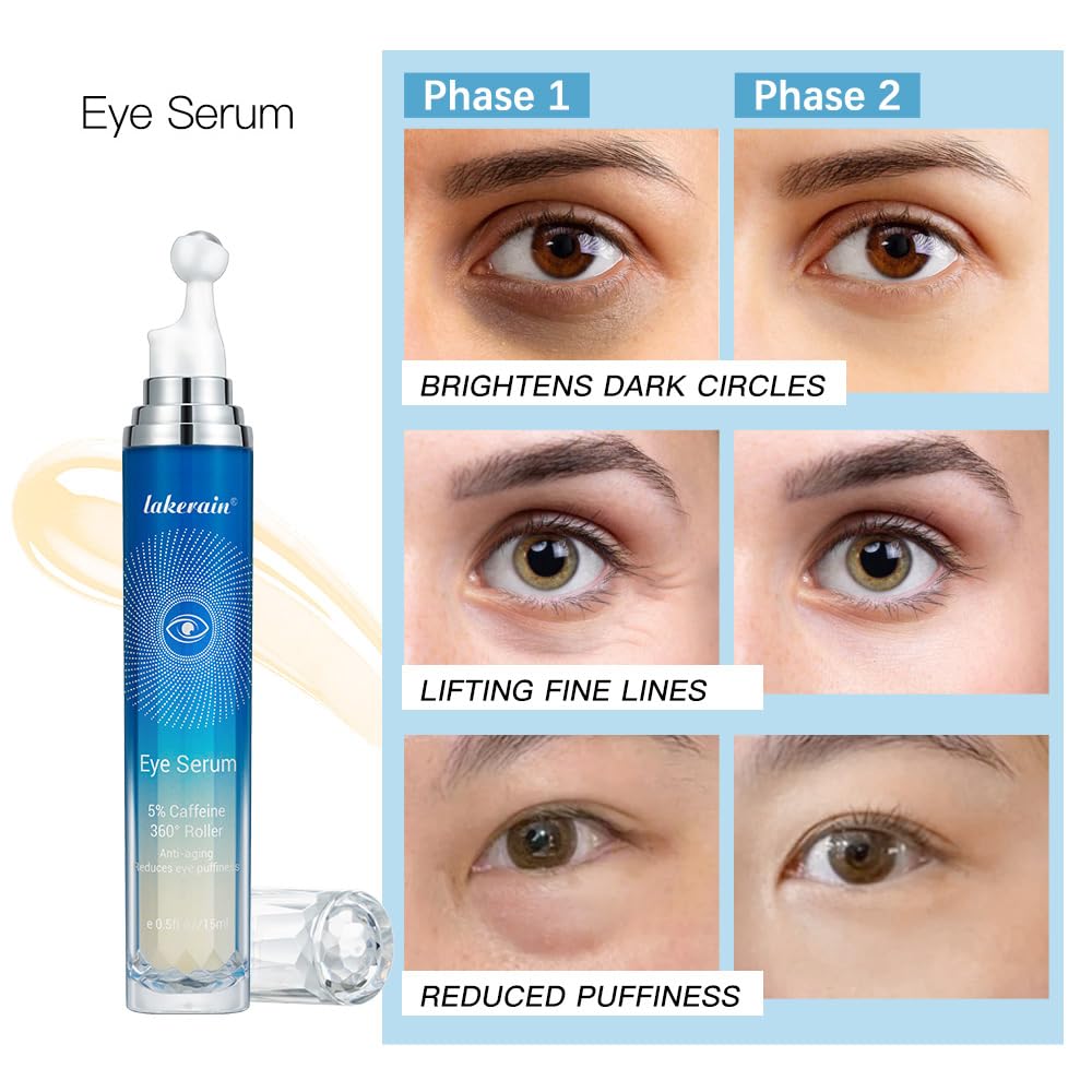 5% Caffeine Eye Cream, Eye Roller Serum with 360° Massage Ball, Dark Circles Under Eye Treatment Under Eye Cream, Eye Cream For Puffiness and Bags Under Eyes, Reduce Wrinkles, Bags under eyes.