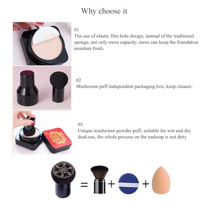 Mushroomhead Air Cushion CC Cream Flawless Foundation Natural BB Full Coverage Blemishes Long Lasting Waterproof,Multi-Function Beauty With Brush (