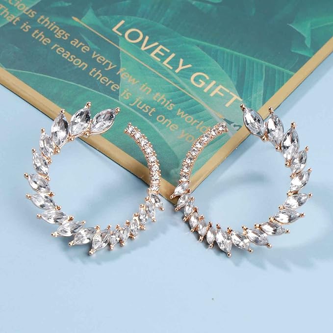 Vintage Rhinestone Hoop Earrings Gold Round Circle Studs Earrings Bright Crystal Earrings Bling Wedding Earrings Jewelry for Women and Girls