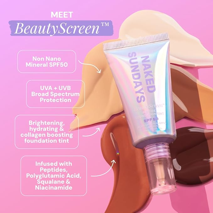 Naked Sundays BeautyScreen™ SPF 50 Mineral Peptide Foundation Tint – 2-in-1 Skin Tint & Mineral Sunscreen | Radiant, Buildable Coverage, Acne-Safe, Infused with Peptides (5 Tan Honey, 1.01 oz)
