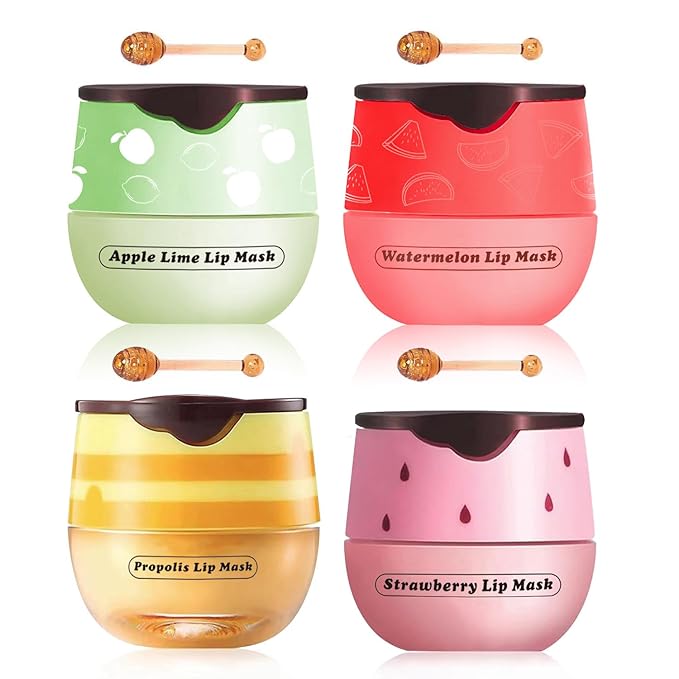 4PCS Bee Lip Balm Honey Lip Balm,Exfoliating Honey Pot Lip Balm Sleeping Lip Mask with Brush, Hydrating & Prevention Dry and Cracked, Lip Scrubs Exfoliator & Moisturizer