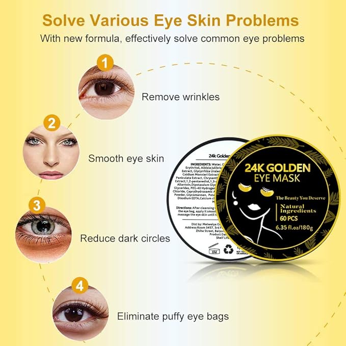 Under Eye Patches, 24K Gold Eye Mask, 60PCS Under Eye Mask, Collagen Gel Pads Patch Treatments for Lighten Wrinkles Puffy Eyes Dark Circles Anti-Aging Moisturizing, Fine Lines Eye Bags Women Men